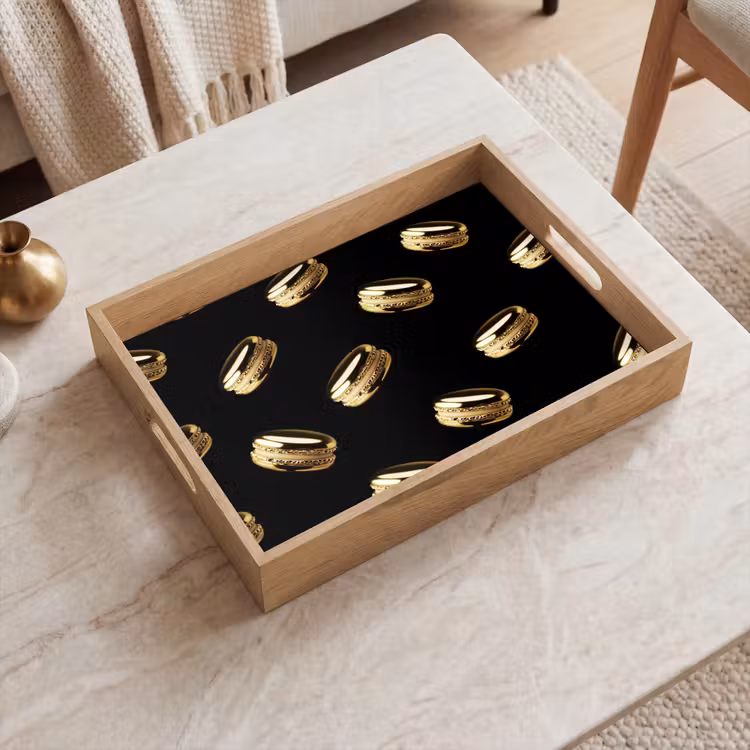 Macarons - Patroon - Goud - Zwart Dienblad Rechthoek middel -sfeer1