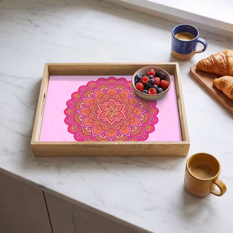 Mandala - Cirkel - Spiritueel - Oosters - Roze Dienblad Rechthoek middel -sfeer2