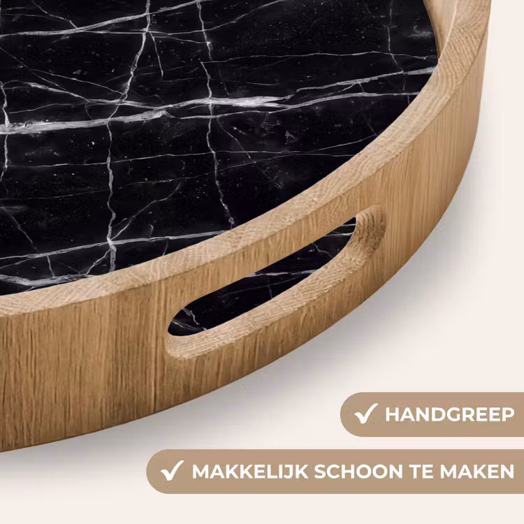 Marmer - Aders - Abstract - Zwart Dienblad Rond middel -USP_HandgreepNL