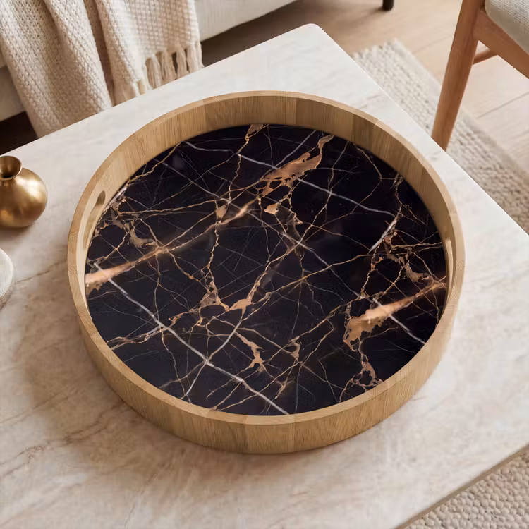 Marmer - Goud - Abstract - Zwart Dienblad Rond middel -sfeer1