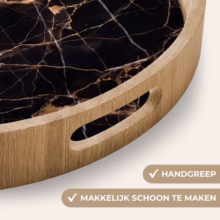 Marmer - Goud - Abstract - Zwart Dienblad Rond middel -USP_HandgreepNL