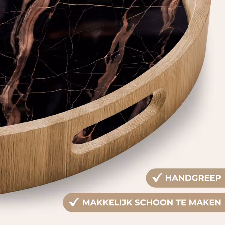 Marmer - Goud - Patroon - Luxe - Zwart Dienblad Rond middel -USP_HandgreepNL