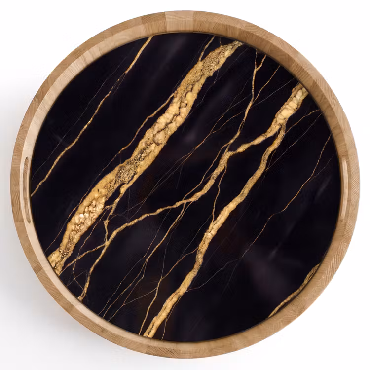 Marmer - Goud - Textuur - Abstract - Zwart Dienblad Rond middel -z3d_shopping