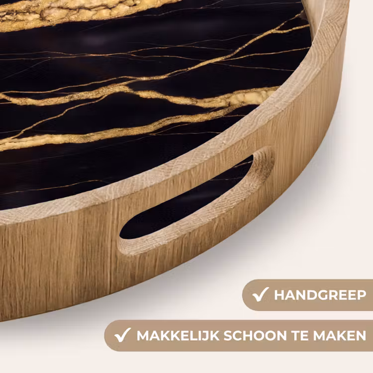 Marmer - Goud - Textuur - Abstract - Zwart Dienblad Rond middel -USP_HandgreepNL
