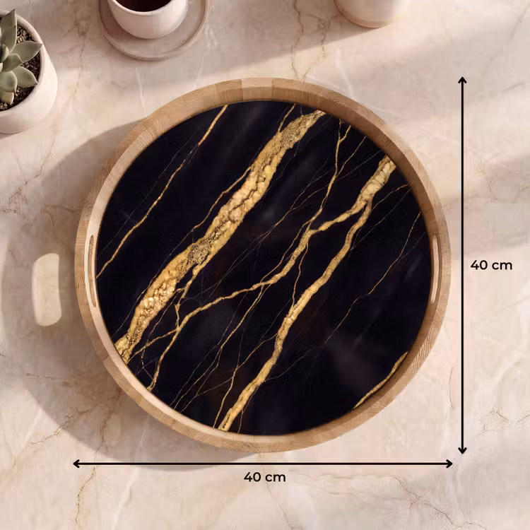 Marmer - Goud - Textuur - Abstract - Zwart Dienblad Rond middel -USP_Formaat