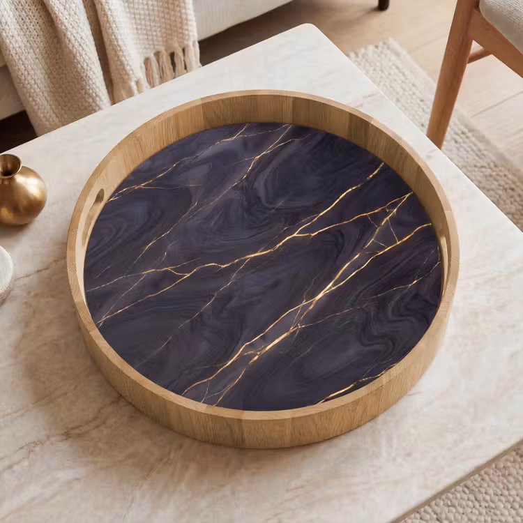 Marmer - Goudaders - Abstract - Modern - Zwart Dienblad Rond middel -sfeer1