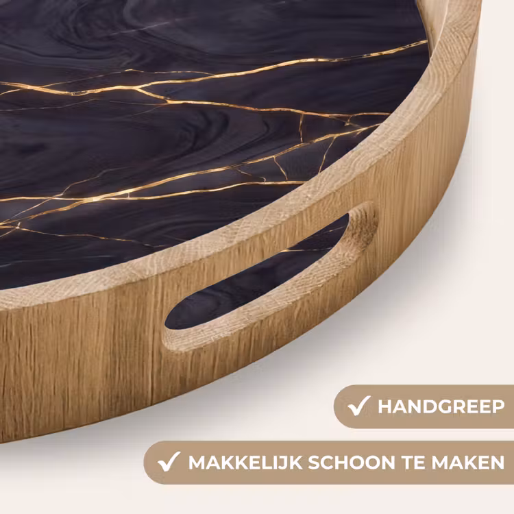 Marmer - Goudaders - Abstract - Modern - Zwart Dienblad Rond middel -USP_HandgreepNL