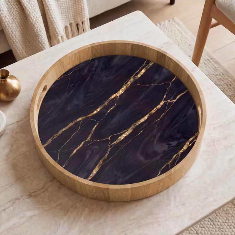 Marmer - Gouden aders - Abstract - Zwart Dienblad Rond middel -sfeer1