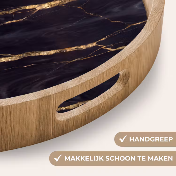 Marmer - Gouden aders - Abstract - Zwart Dienblad Rond middel -USP_HandgreepNL