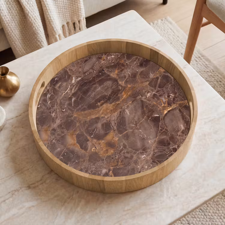 Marmer - Patroon - Natuur - Bruin - Goud Dienblad Rond middel -sfeer1