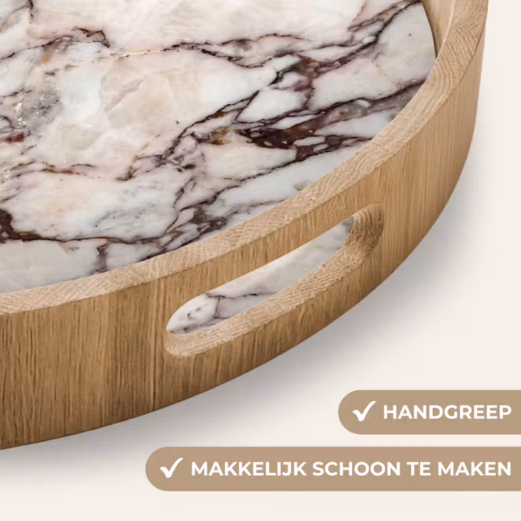 Marmer - Textuur - Abstract - Wit - Bruin Dienblad Rond middel -USP_HandgreepNL