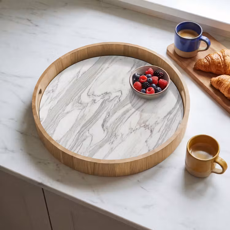 Marmer - Wit - Grijs - Structuur - Modern Dienblad Rond middel -sfeer2