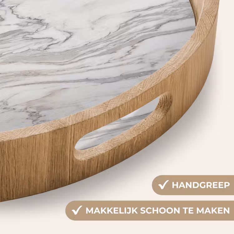 Marmer - Wit - Grijs - Structuur - Modern Dienblad Rond middel -USP_HandgreepNL