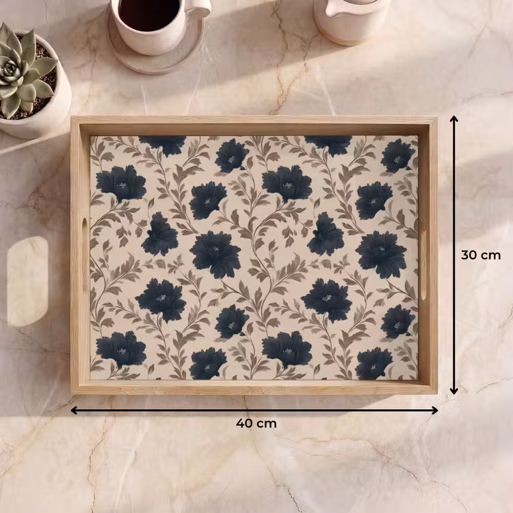 Motief - Bloemen - Zwart - Beige Dienblad Rechthoek middel 911 -USP_Formaat