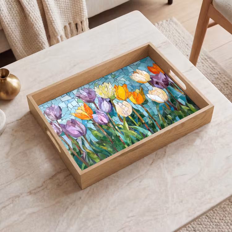 Mozaïek - Veld - Tulpen - Kleurrijk Dienblad Rechthoek middel -sfeer1