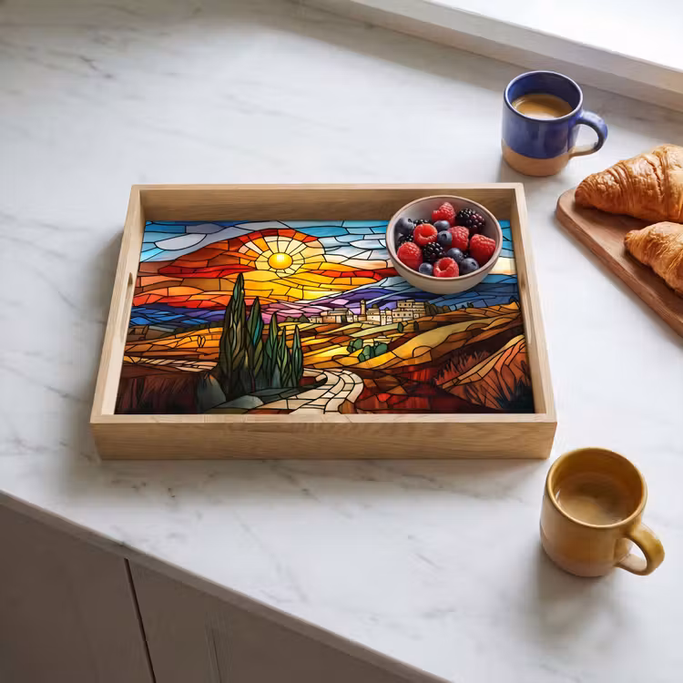 Mozaïek - Zon - Landschap - Dorp Dienblad Rechthoek middel -sfeer2