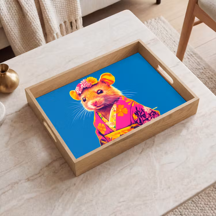 Muis - Kimono - Bloemen - Blauw Dienblad Rechthoek middel -sfeer1
