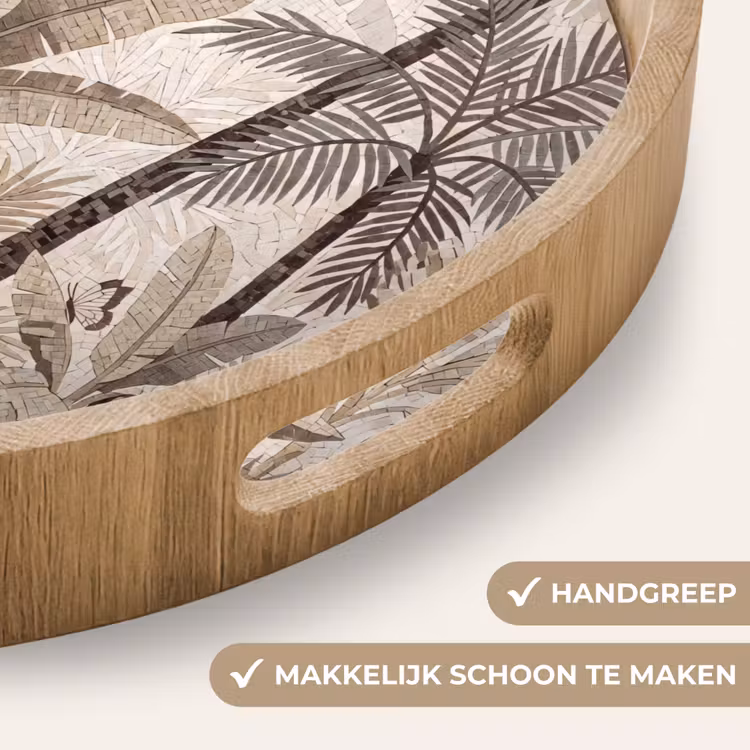 Natuur - Bladeren - Landschap - Mozaïek - Beige Dienblad Rond middel -USP_HandgreepNL