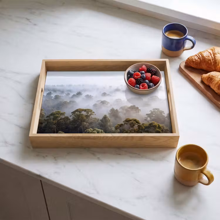 Natuur - Mist - Bos - Ochtend - Goud Dienblad Rechthoek middel -sfeer2