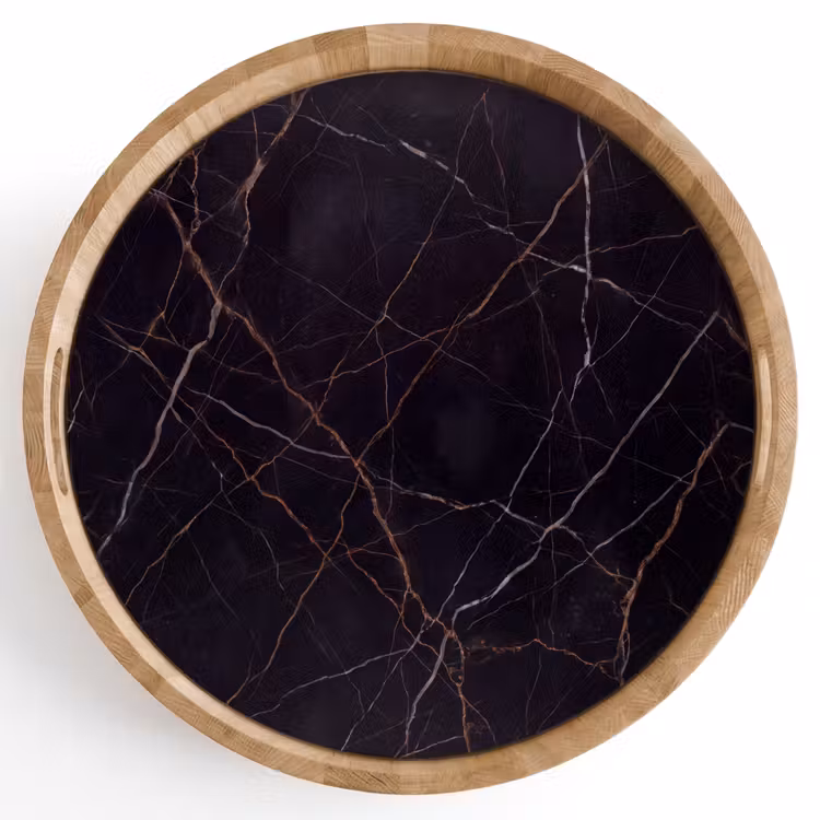 Natuursteen - Marmerpatroon - Abstract - Modern - Zwart - Goud Dienblad Rond middel -z3d_shopping