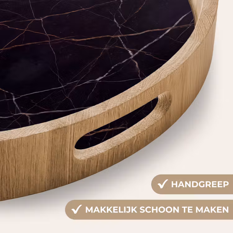 Natuursteen - Marmerpatroon - Abstract - Modern - Zwart - Goud Dienblad Rond middel -USP_HandgreepNL