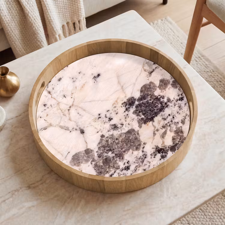 Natuursteen - Patroon - Abstract - Beige - Grijs Dienblad Rond middel -sfeer1