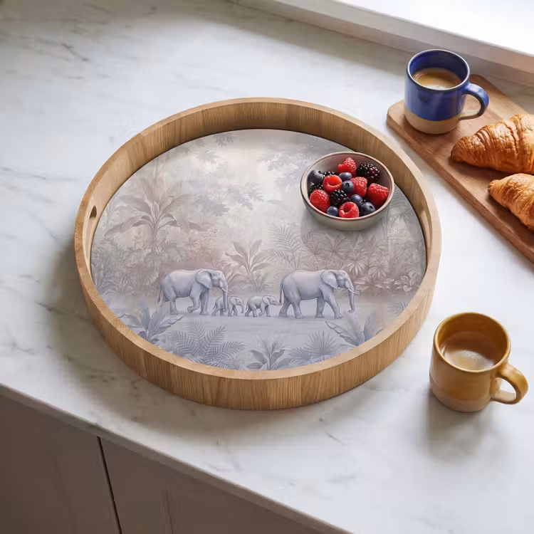 Olifant - Familie - Jungle - Illustratie - Grijs Dienblad Rond middel -sfeer2