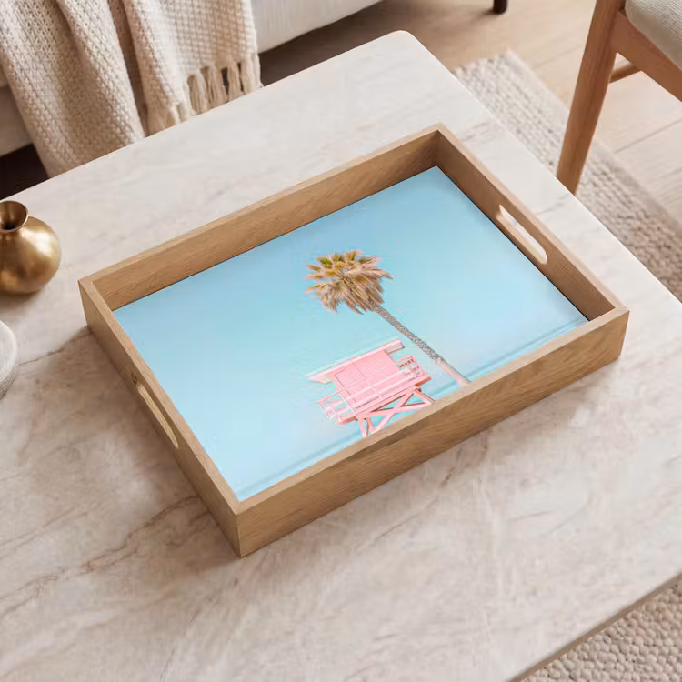 Palmboom - Strandhuis - Roze Dienblad Rechthoek middel -sfeer1