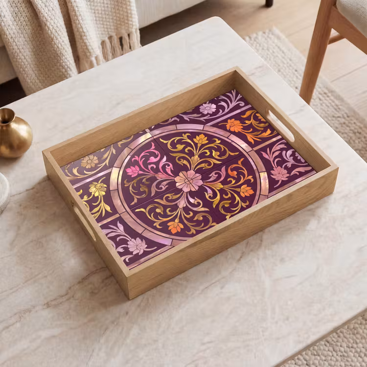 Patroon - Floraal - Oosters - Paars - Goud Dienblad Rechthoek middel -sfeer1