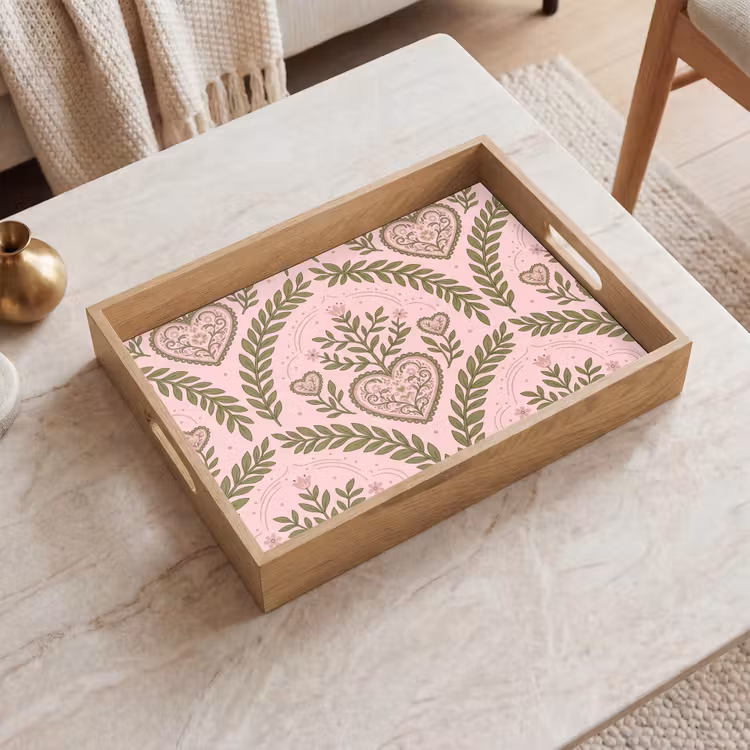 Patroon - Hart - Bloemen - Folkloristisch - Roze Dienblad Rechthoek middel -sfeer1