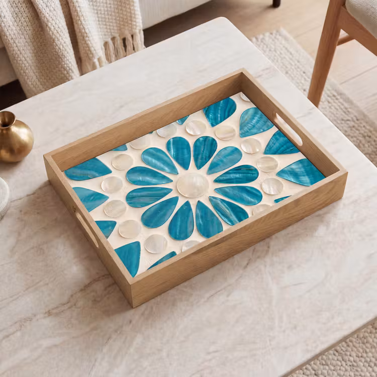 Patroon - Mozaïek - Schelpen - Abstract - Turquoise Dienblad Rechthoek middel -sfeer1