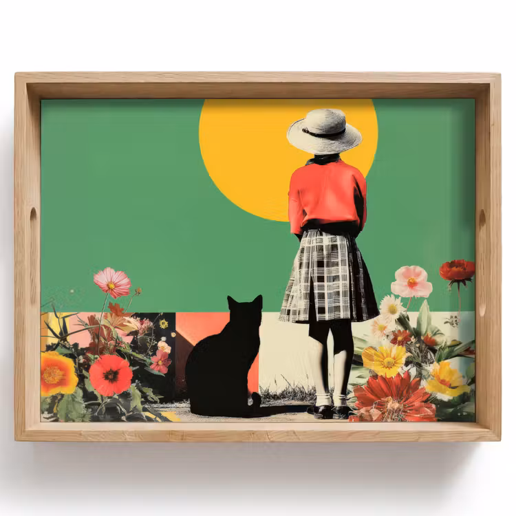 Retro - Meisje - Kat - Zon Dienblad Rechthoek middel -z3d_shopping