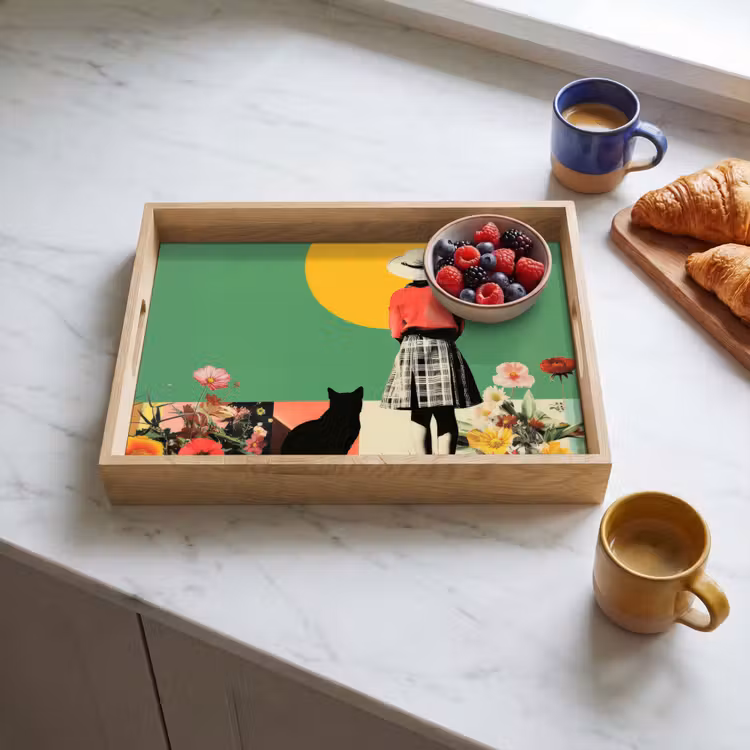 Retro - Meisje - Kat - Zon Dienblad Rechthoek middel -sfeer2