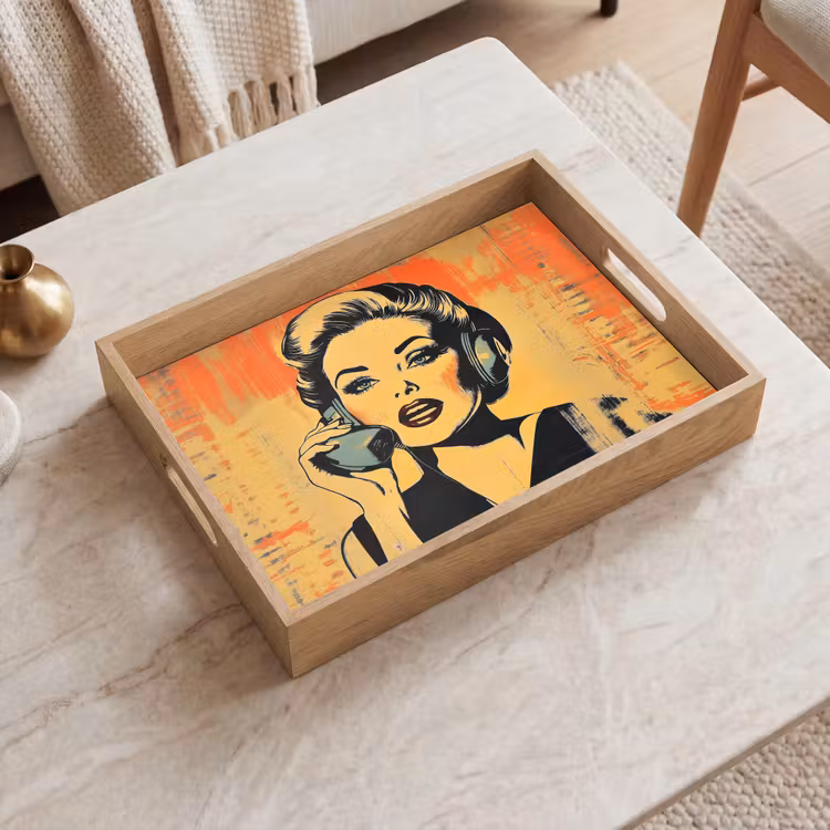 Retro - Vrouw - Koptelefoon - Oranje Dienblad Rechthoek middel -sfeer1
