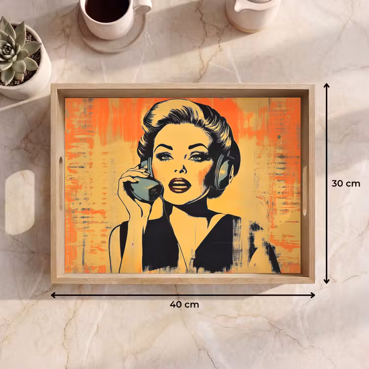 Retro - Vrouw - Koptelefoon - Oranje Dienblad Rechthoek middel -USP_Formaat