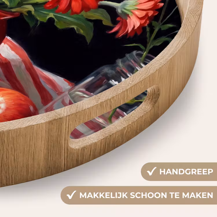 Dienblad - Rode bloemen - Vaas - Rode bloemen - Vaas Dienblad Rond middel
