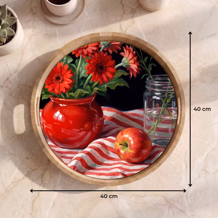 Dienblad - Rode bloemen - Vaas - Rode bloemen - Vaas Dienblad Rond middel