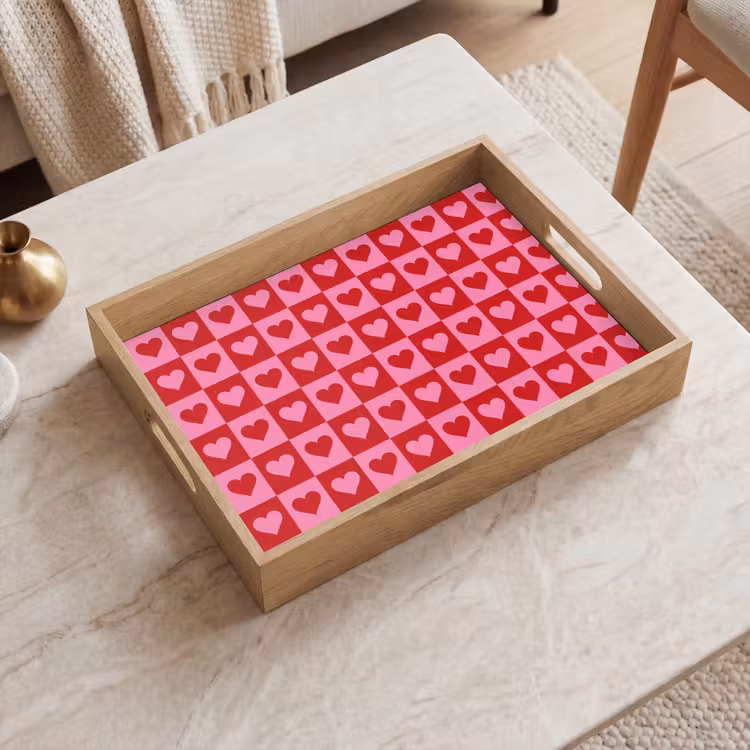 Rood - Roze - Schaakbord - Valentijn Dienblad Rechthoek middel -sfeer1