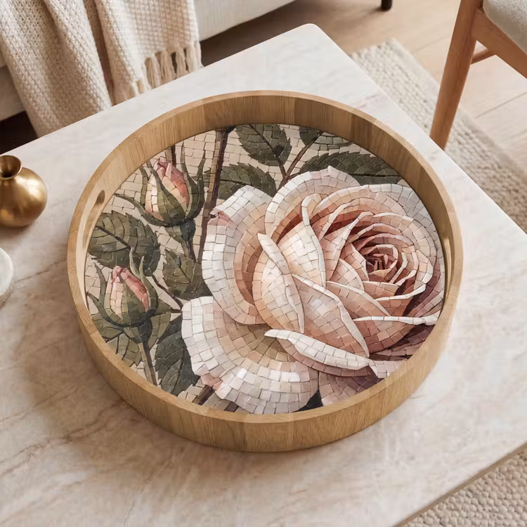 Roos - Mozaïek - Bloemen - Klassiek - Beige Dienblad Rond middel -sfeer1