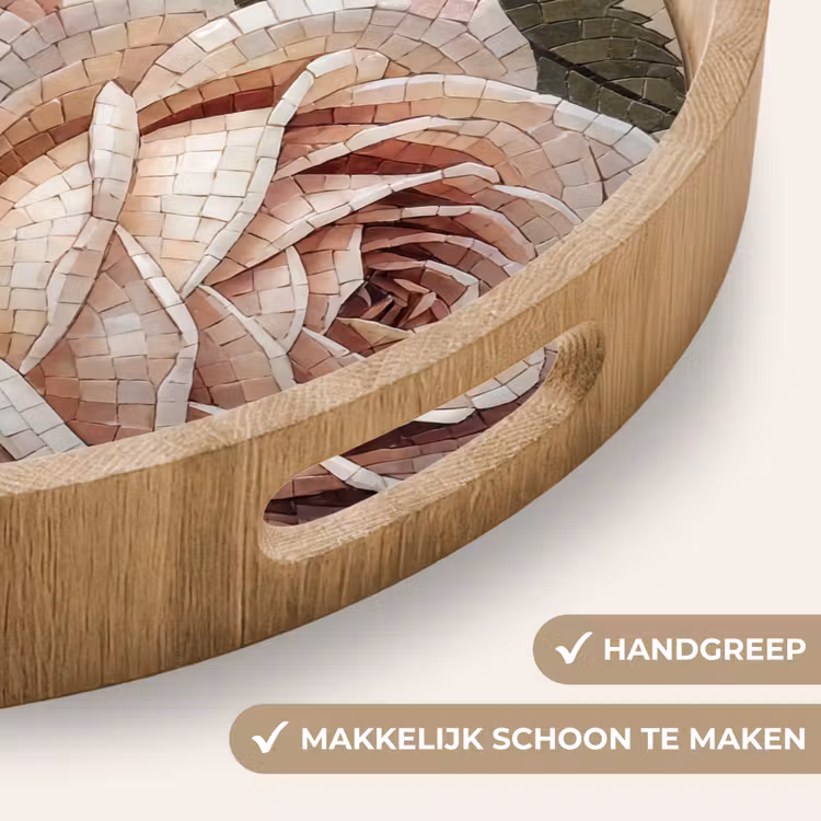 Roos - Mozaïek - Bloemen - Klassiek - Beige Dienblad Rond middel -USP_HandgreepNL