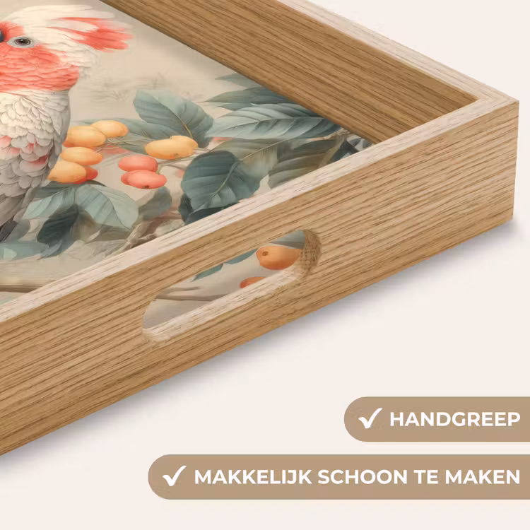 Roze kuifkaketoe - Tak met vruchten - Bladeren Dienblad Rechthoek middel -USP_HandgreepNL