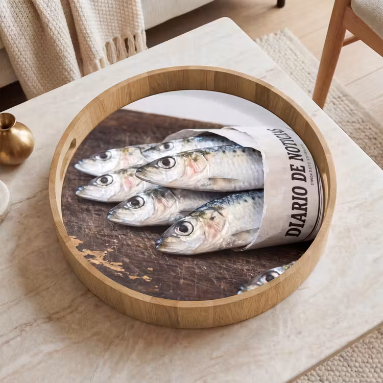Dienblad - Sardientje - krant - snijplank - Sardientje - krant - snijplank Dienblad Rond middel