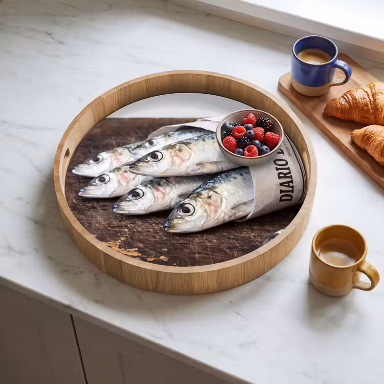 Dienblad - Sardientje - krant - snijplank - Sardientje - krant - snijplank Dienblad Rond middel