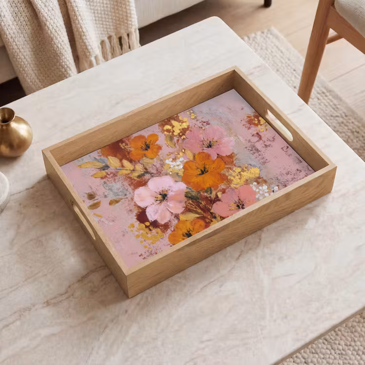 Schilderij - Bloemen - Rustiek - Roze Dienblad Rechthoek middel -sfeer1
