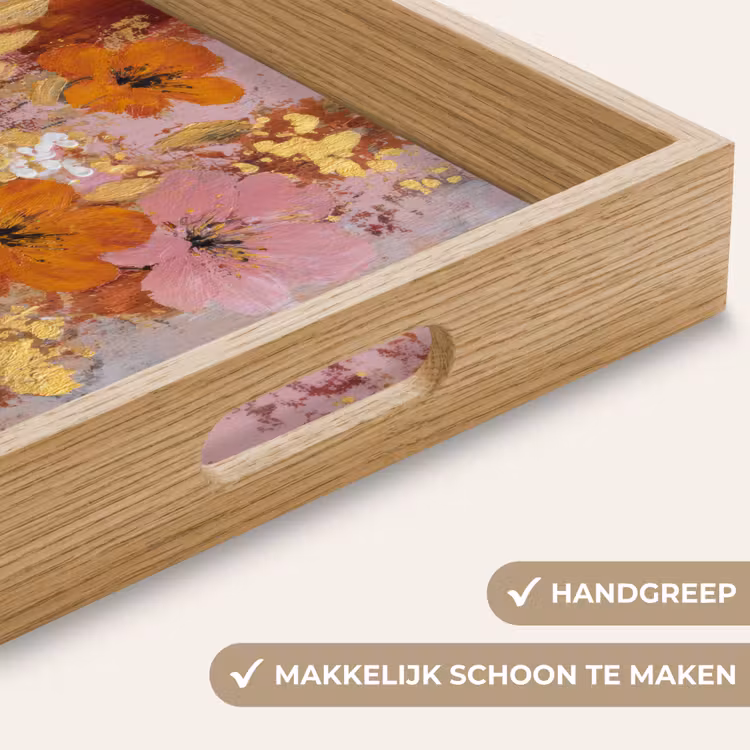 Schilderij - Bloemen - Rustiek - Roze Dienblad Rechthoek middel -USP_HandgreepNL