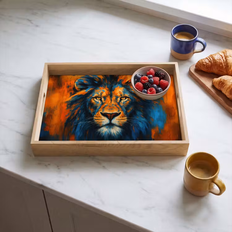 Schilderij - Leeuwenkop - Oranje Dienblad Rechthoek middel -sfeer2