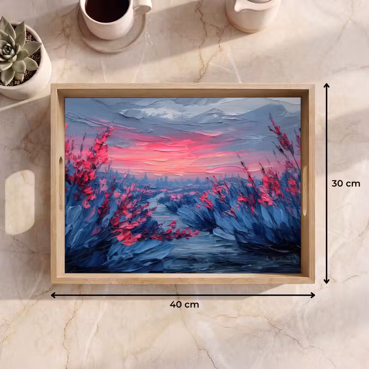 Schilderij - Zonsondergang - Bloemen - Rivier Dienblad Rechthoek middel -USP_Formaat
