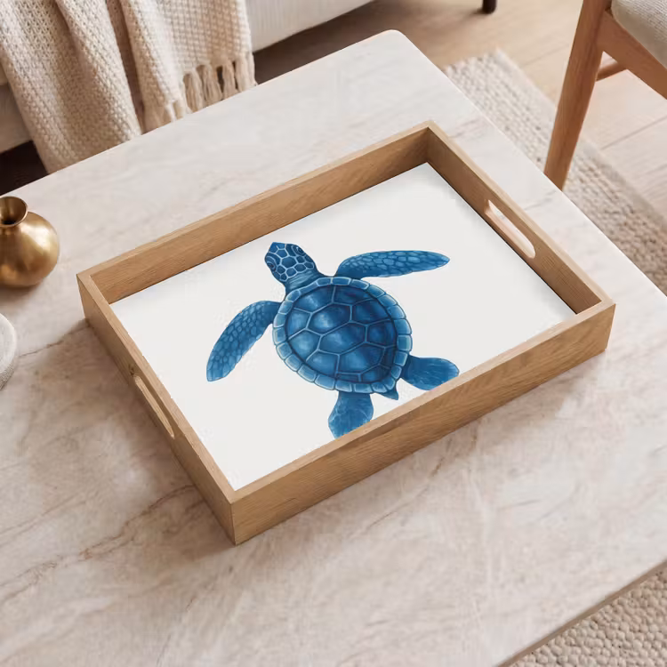 Schildpad - Blauw - Schild Dienblad Rechthoek middel -sfeer1