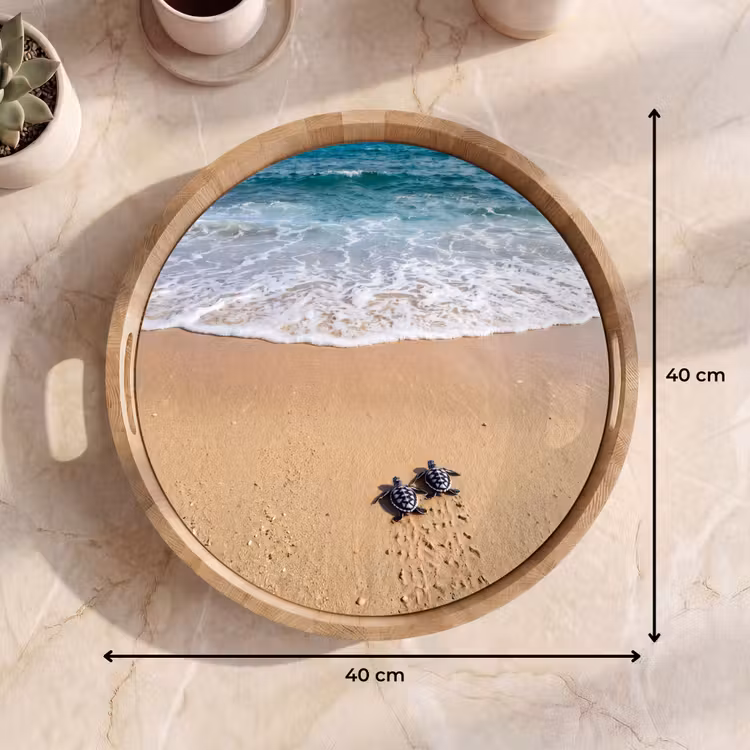 Schildpad - Jong - Strand - Oceaan - Blauw Dienblad Rond middel -USP_Formaat