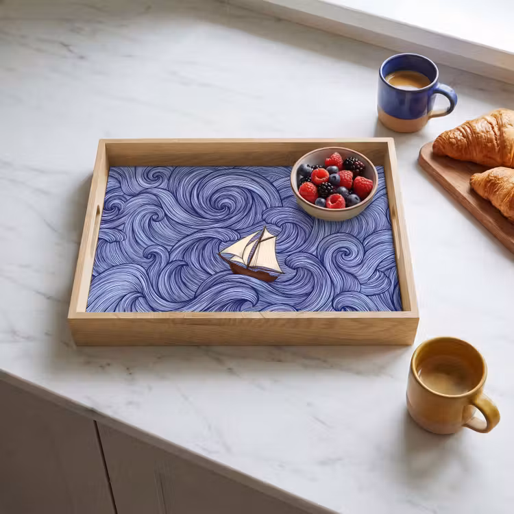 Schip - Golven - Zee - Illustratie - Blauw Dienblad Rechthoek middel -sfeer2